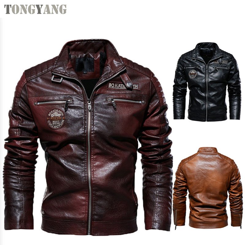 TONGYANG Mens Pu Leather Jacket Mens Stand Collar Biker Casual Windproof Slim Fit Jacket Fleece Leather Winter jacket