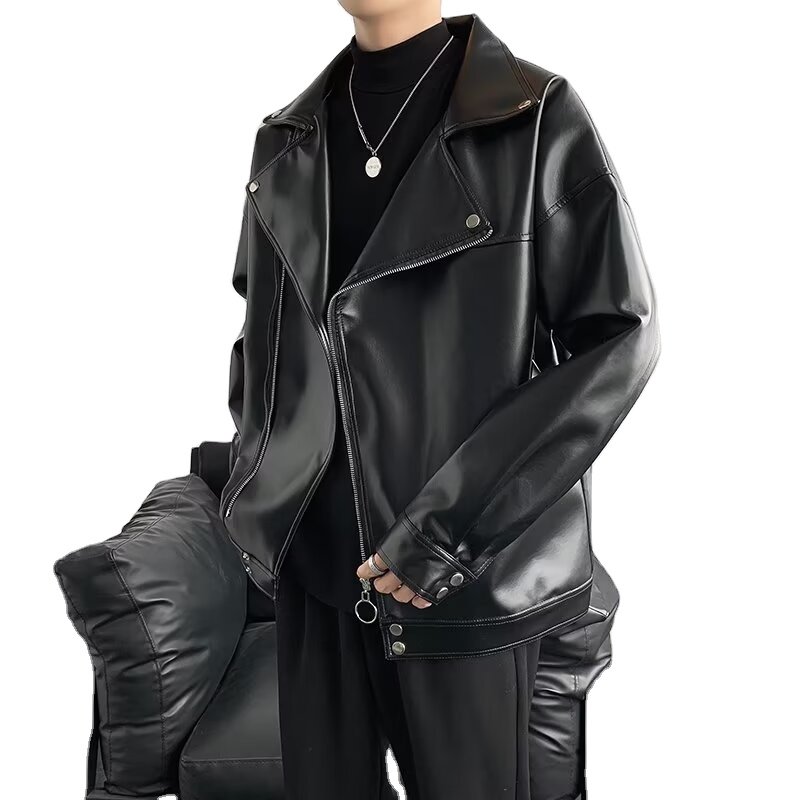 Black motorcycle leather men's coat Spring and autumn PU leather jacket fashion brand Instagram vintage shirt