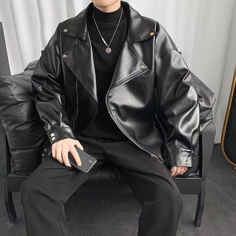 Black motorcycle leather men's coat Spring and autumn PU leather jacket fashion brand Instagram vintage shirt