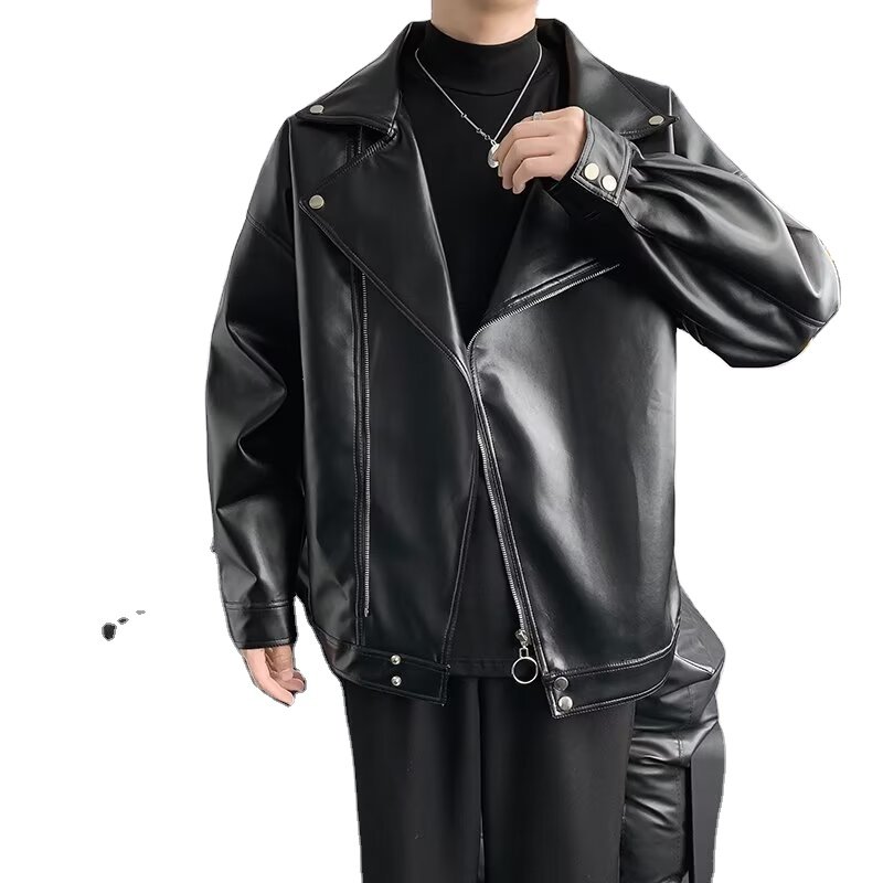 Black motorcycle leather men's coat Spring and autumn PU leather jacket fashion brand Instagram vintage shirt