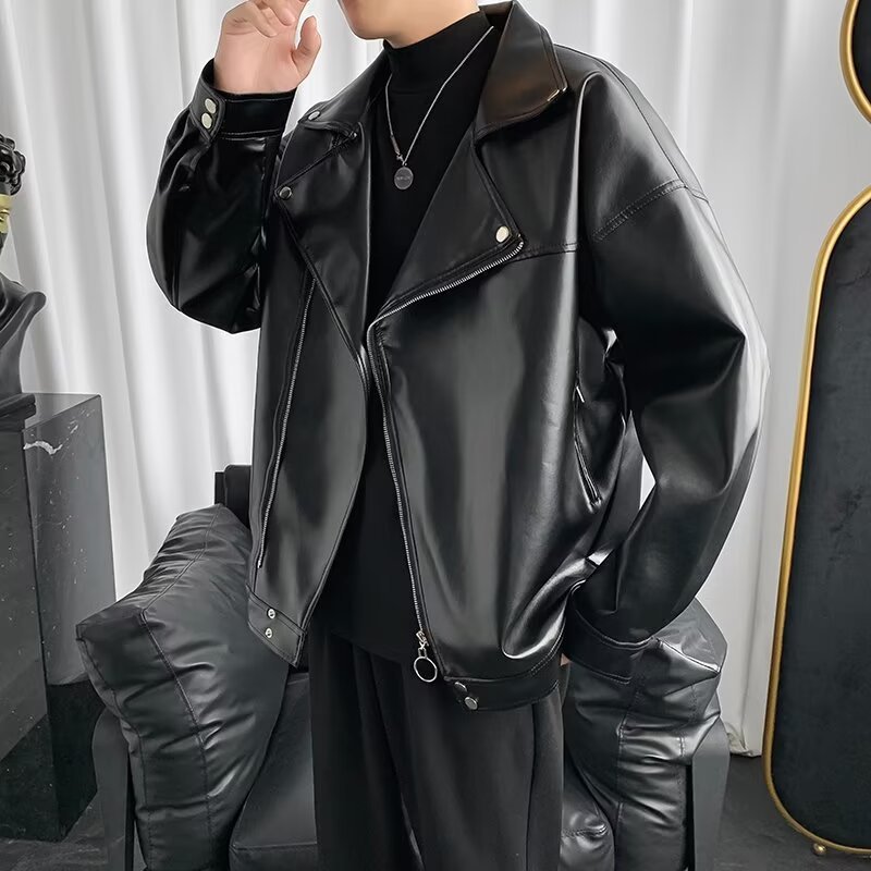Black motorcycle leather men's coat Spring and autumn PU leather jacket fashion brand Instagram vintage shirt