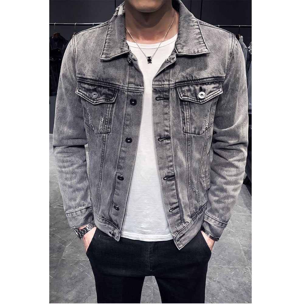 Wholesale Fashion Men's Denim Jacket Custom Washed Blue Cotton Slim Fit Casual Jean Jacket