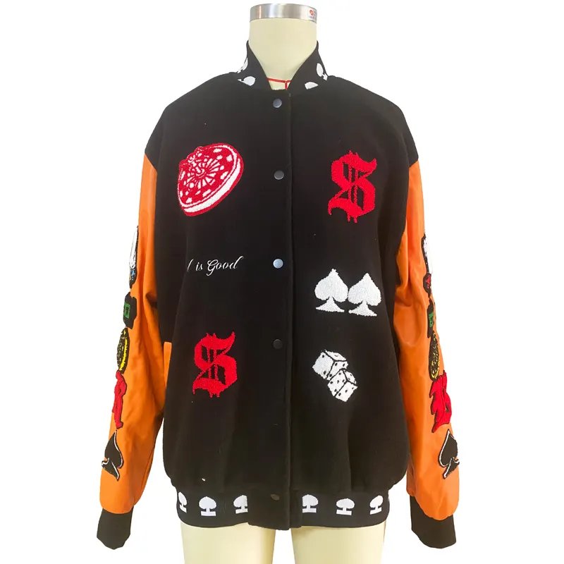 OEM Hip Hop Varsity Jacket Men Towel Embroidery Letter Patch Baseball Jackets Casual Oversized Coat Streetwear Unisex Jackets