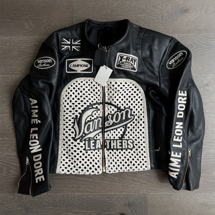 Custom designed woven zipper leather biker jacket for men