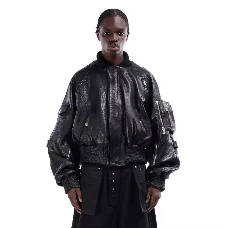 Spring Autumn Outdoor Leather Bomber Jacket Fashion Solid Color Warm Men's Jacket With Multiple Pockets