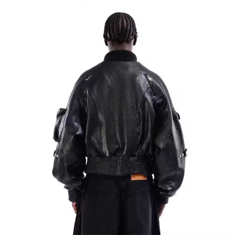 Spring Autumn Outdoor Leather Bomber Jacket Fashion Solid Color Warm Men's Jacket With Multiple Pockets