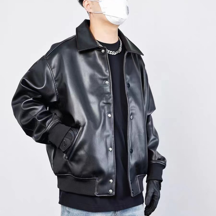 2023 Autumn Plus Size Fashion Men's Leather Jackets Solid Color Button Faux Leather Casual Pu Jacket For Men