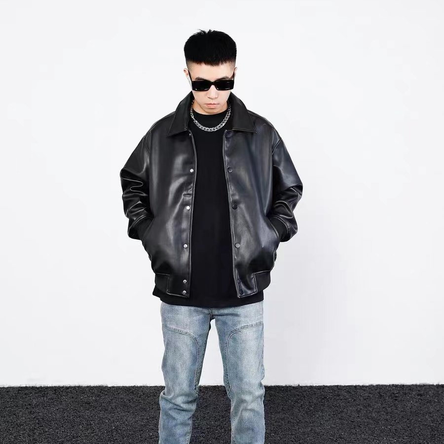 2023 Autumn Plus Size Fashion Men's Leather Jackets Solid Color Button Faux Leather Casual Pu Jacket For Men