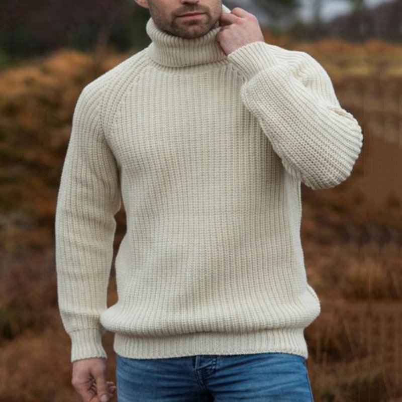 Men's winter high neck sweater fashionable thick solid color long sleeved knitted sweater top minimalist pullover sweater