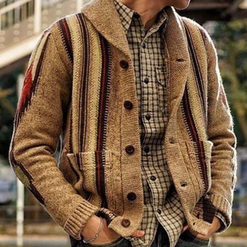 Men's autumn and winter new thick collar woolen jacket cardigan long sleeved jacquard collar knitted sweater Coat Outwear