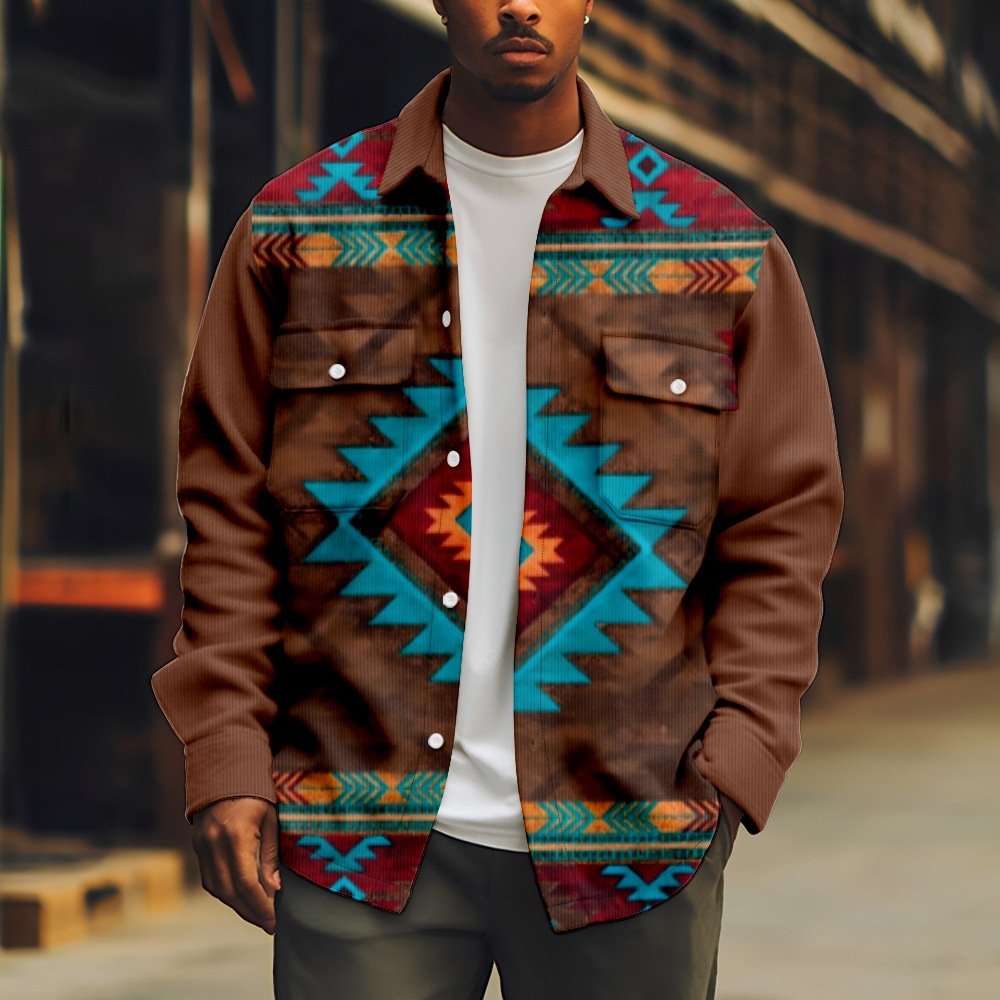 Autumn long sleeved printed fashionable vintage slim fit lapel breasted plus size men's jackets jeans 2024