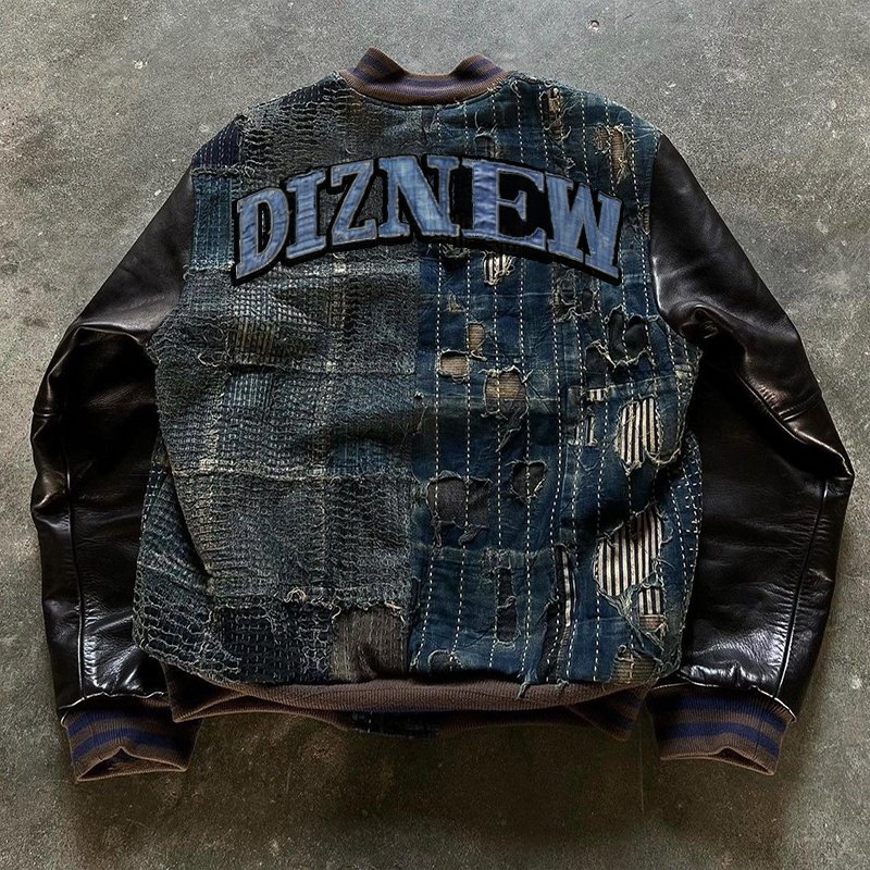 DIZNEW Denim Jacket Wholesale big size acid-washed denim leather sleeve thick inside jeans jacket for men