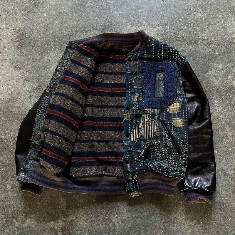 DIZNEW Denim Jacket Wholesale big size acid-washed denim leather sleeve thick inside jeans jacket for men