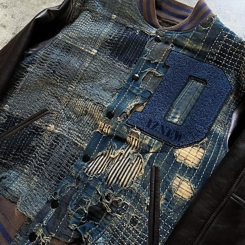 DIZNEW Denim Jacket Wholesale big size acid-washed denim leather sleeve thick inside jeans jacket for men