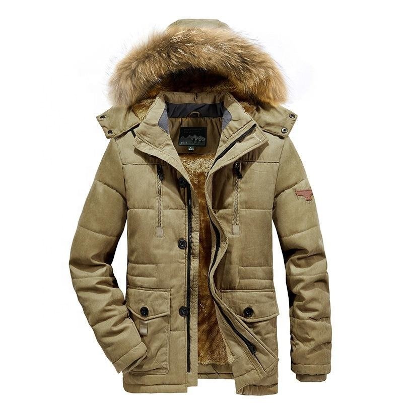 2024 New winter long hooded wool lined cotton-padded jacket for men's daily thermal windbreaker jacket