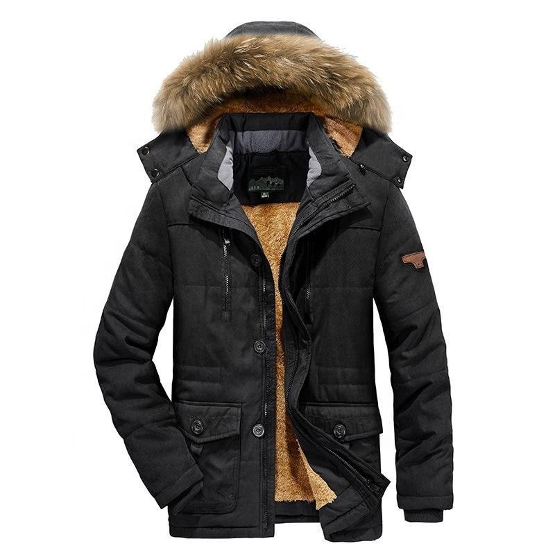 2024 New winter long hooded wool lined cotton-padded jacket for men's daily thermal windbreaker jacket