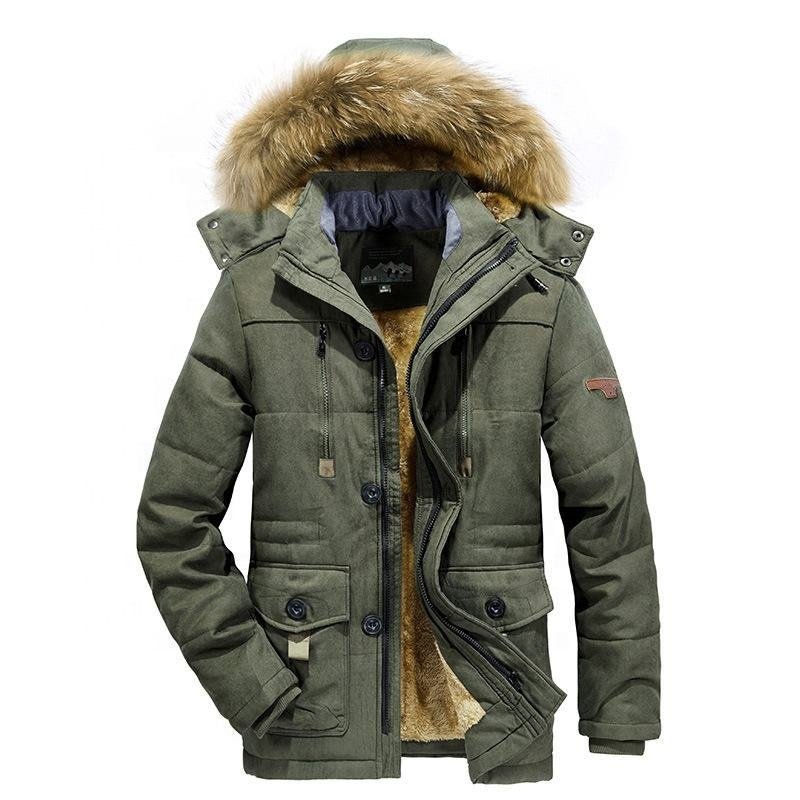 2024 New winter long hooded wool lined cotton-padded jacket for men's daily thermal windbreaker jacket