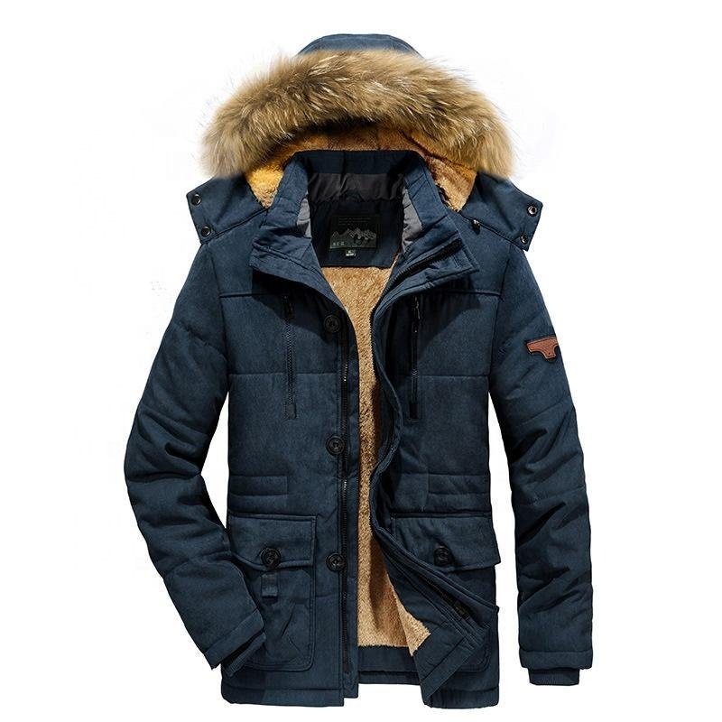 2024 New winter long hooded wool lined cotton-padded jacket for men's daily thermal windbreaker jacket