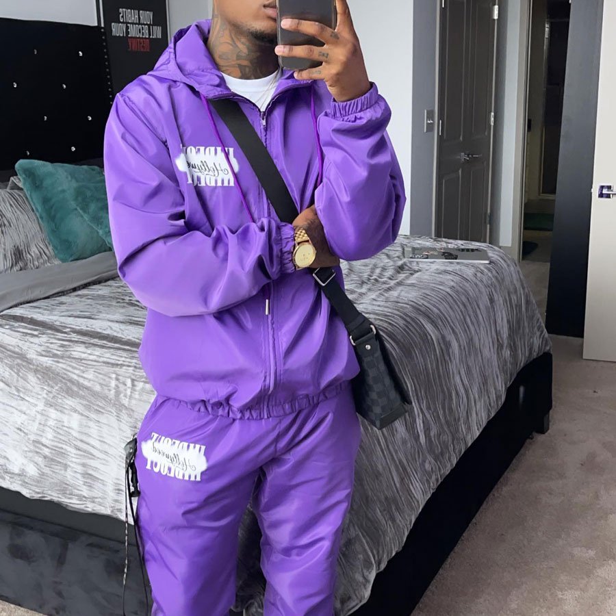 High Quality Men's Jacket Set Tracksuit Zipper Hood Windbreaker Custom Shiny Smooth Windbreaker Jacket