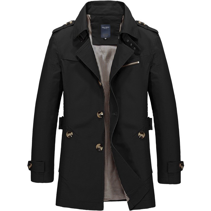Spring and Autumn Cotton Washed Men's Lapel Jacket Casual Long Trench Coat Men's Jacket