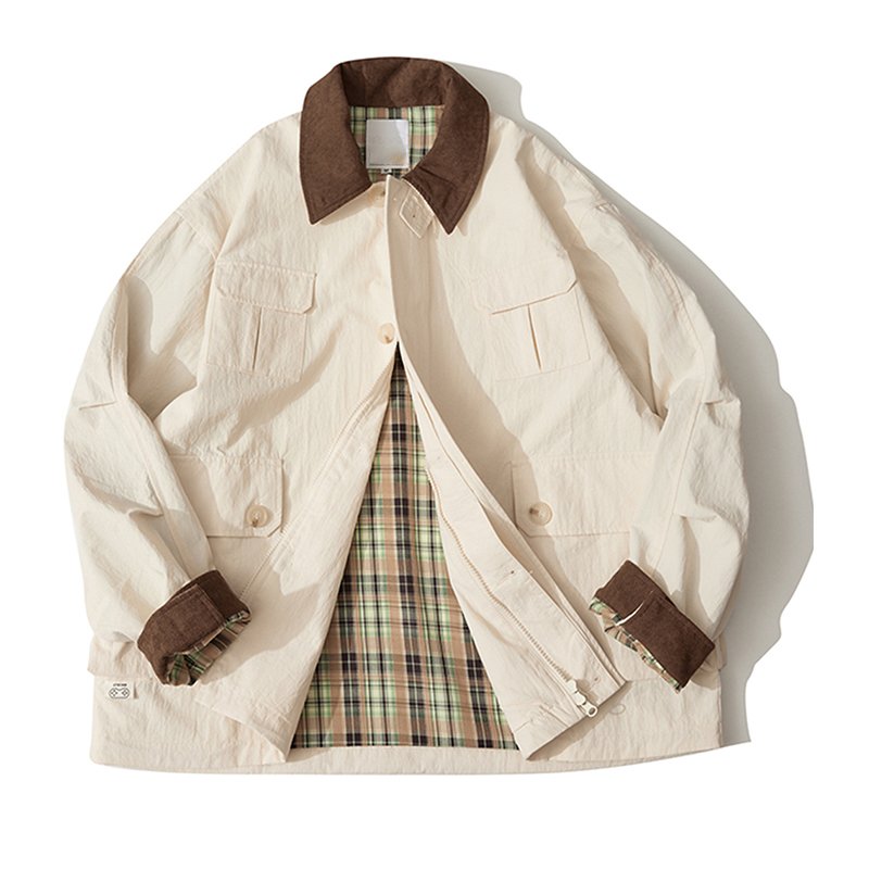 Custom High Quality Men's Jackets & Coats Vintage Oversize Classic Plaid Lining Corduroy Collar Loose Cargo Work Jacket For Men