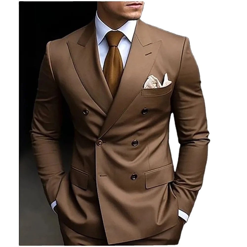 2024 new Brown Men's Suits Double Breasted Peaked Lapel Wedding Groom Tuxedo Dress Formal Bespoke Blazer Slim Fit Jacket+Pants