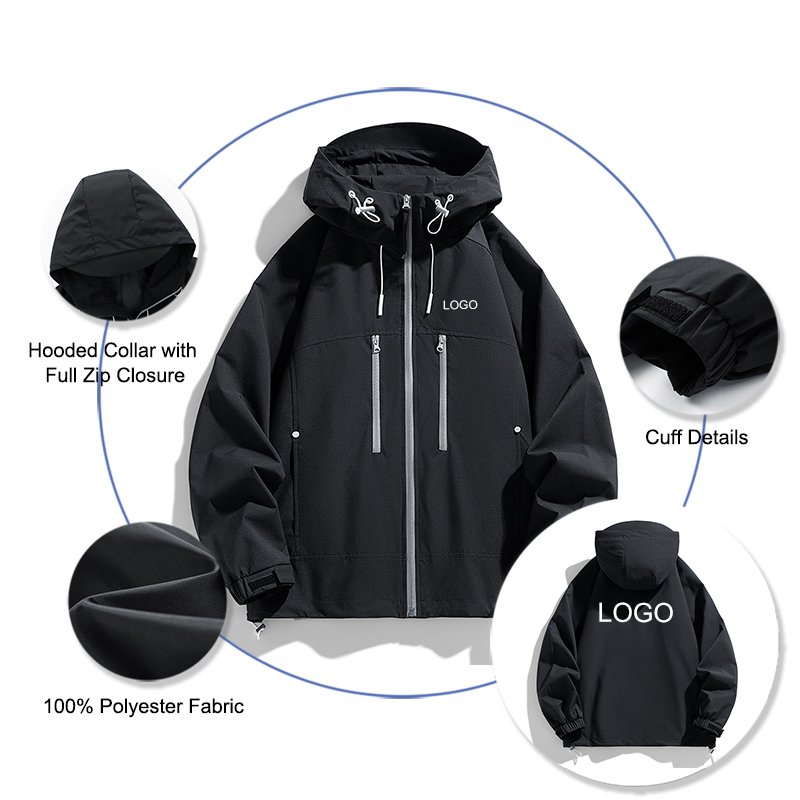 Men's Practical Waterproof Hiking Jacket with Custom Logo Black Solid Zip Pocket Outdoor Hooded Jackets