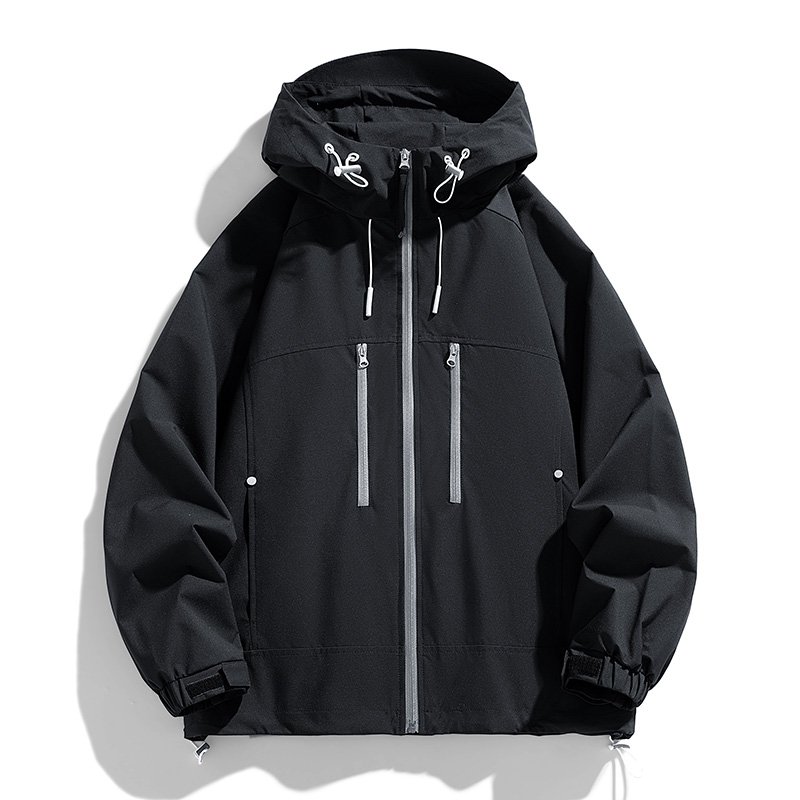 Men's Practical Waterproof Hiking Jacket with Custom Logo Black Solid Zip Pocket Outdoor Hooded Jackets