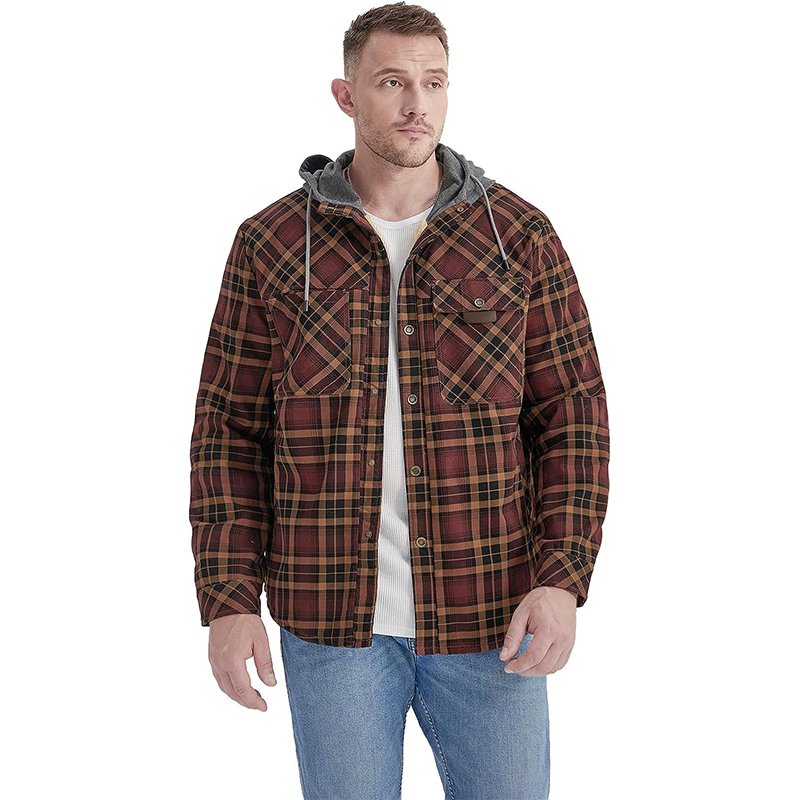 Men's Winter Thick Flannel Shirts Jacket Quilted Lined Polar Fleece Sherpa Flannel Jacket With Hoodie Plaid