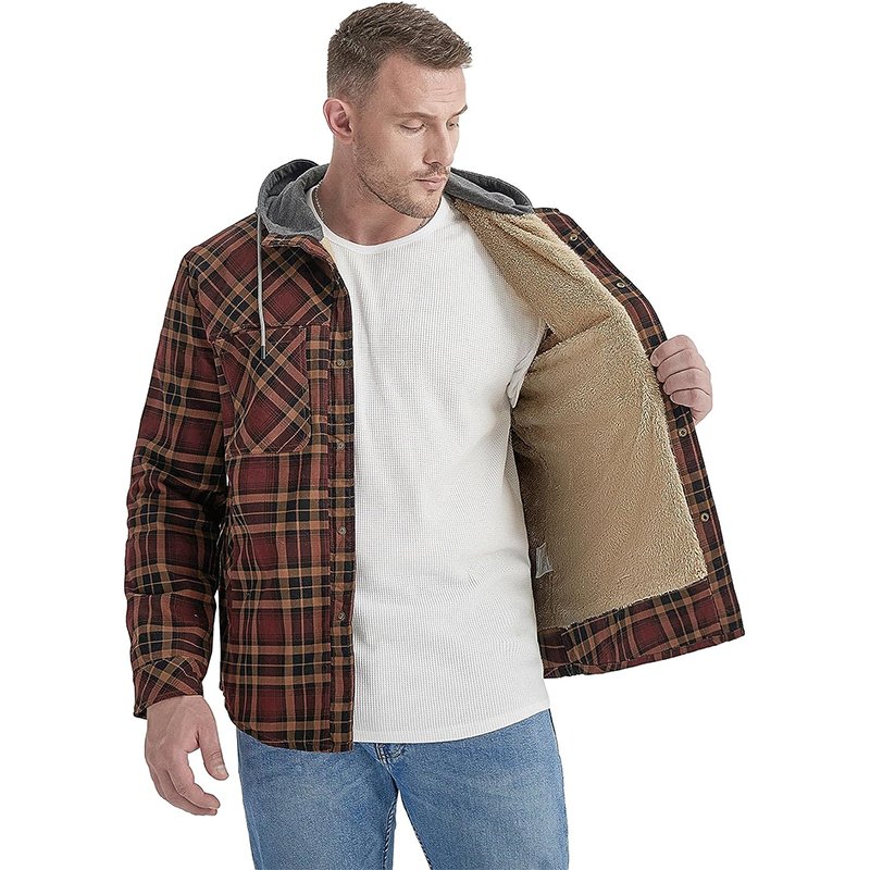 Men's Winter Thick Flannel Shirts Jacket Quilted Lined Polar Fleece Sherpa Flannel Jacket With Hoodie Plaid