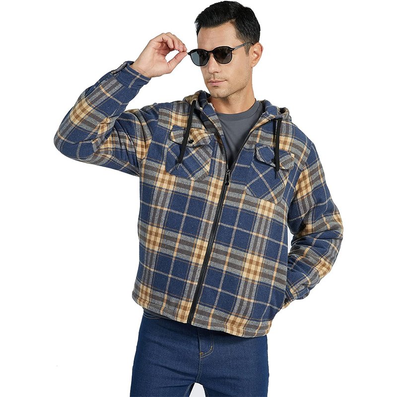 Men's Winter Thick Flannel Shirts Jacket Quilted Lined Polar Fleece Sherpa Flannel Jacket With Hoodie Plaid