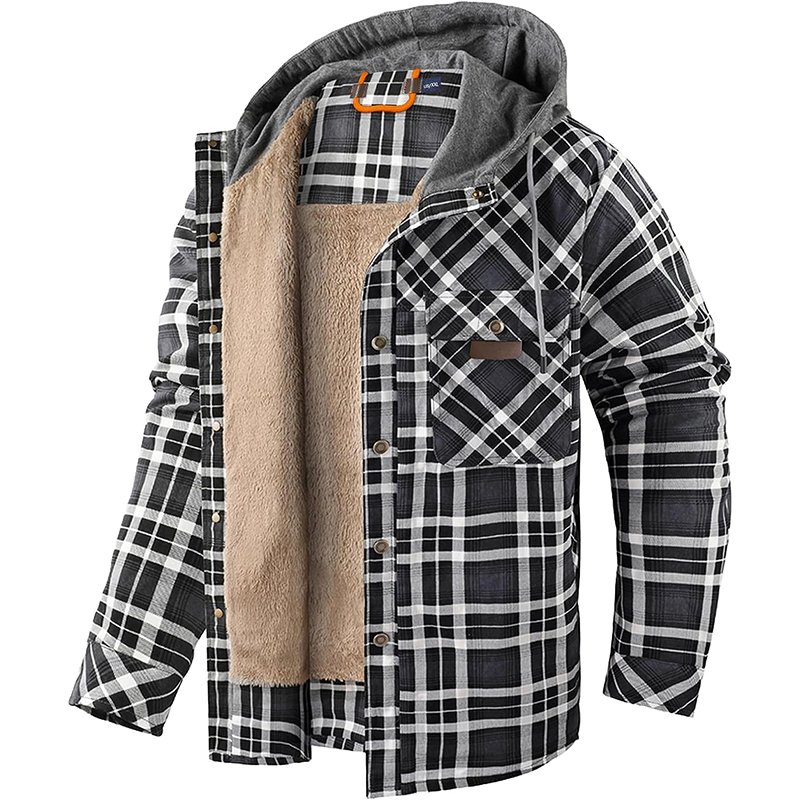 Men's Winter Thick Flannel Shirts Jacket Quilted Lined Polar Fleece Sherpa Flannel Jacket With Hoodie Plaid