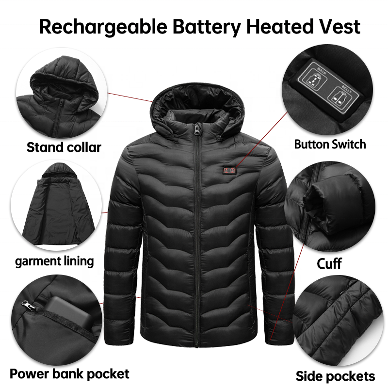 Winter Warm USB Charging To Keep WarmHeating Smart Hooded High Quality 9 Heating Zones Heated Clothing Thermal Padded Jacket