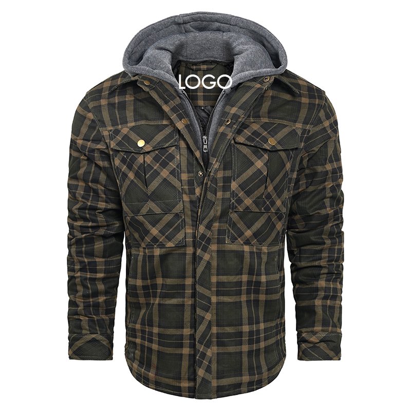 CARANFIER Men Jacket Hooded plaid Winter Wool Fleece Thick Warm Male Plaid Corduroy Outdoor Coat Free LOGO OEM