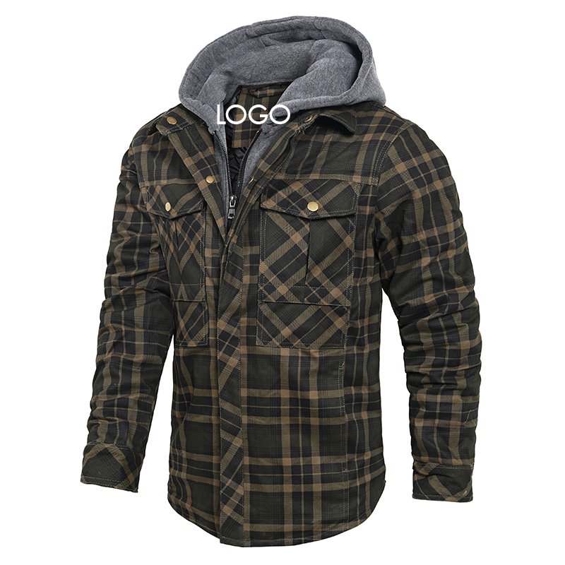 CARANFIER Men Jacket Hooded plaid Winter Wool Fleece Thick Warm Male Plaid Corduroy Outdoor Coat Free LOGO OEM