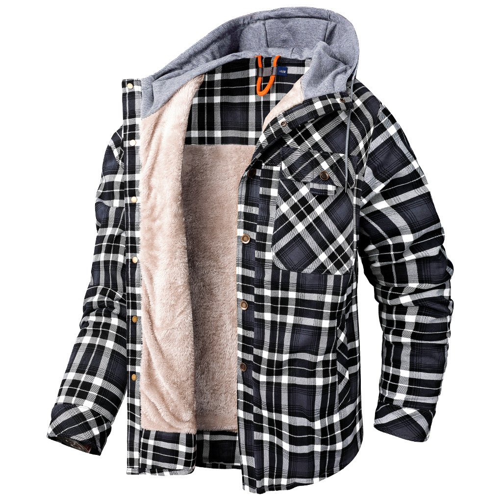 US Size Full Cotton Winter Men's Flannel Thick Shirt Jacket Patchwork Hooded Outdoor Tactical Jacket With Sherpa Lining