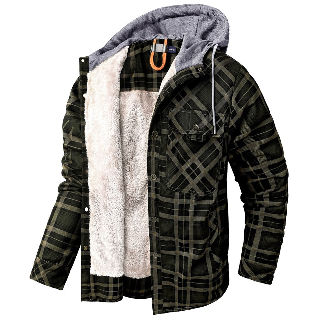 US Size Full Cotton Winter Men's Flannel Thick Shirt Jacket Patchwork Hooded Outdoor Tactical Jacket With Sherpa Lining