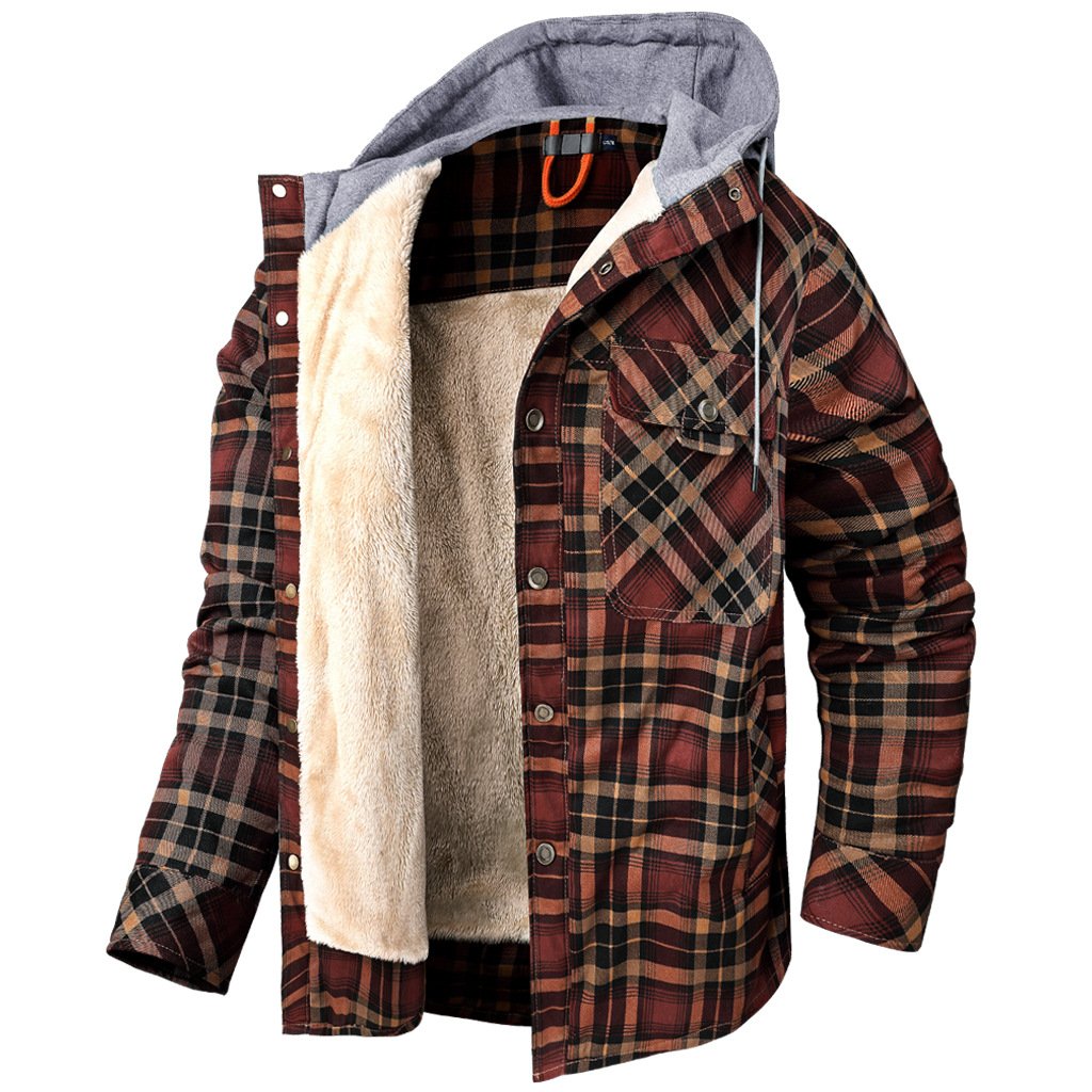 US Size Full Cotton Winter Men's Flannel Thick Shirt Jacket Patchwork Hooded Outdoor Tactical Jacket With Sherpa Lining