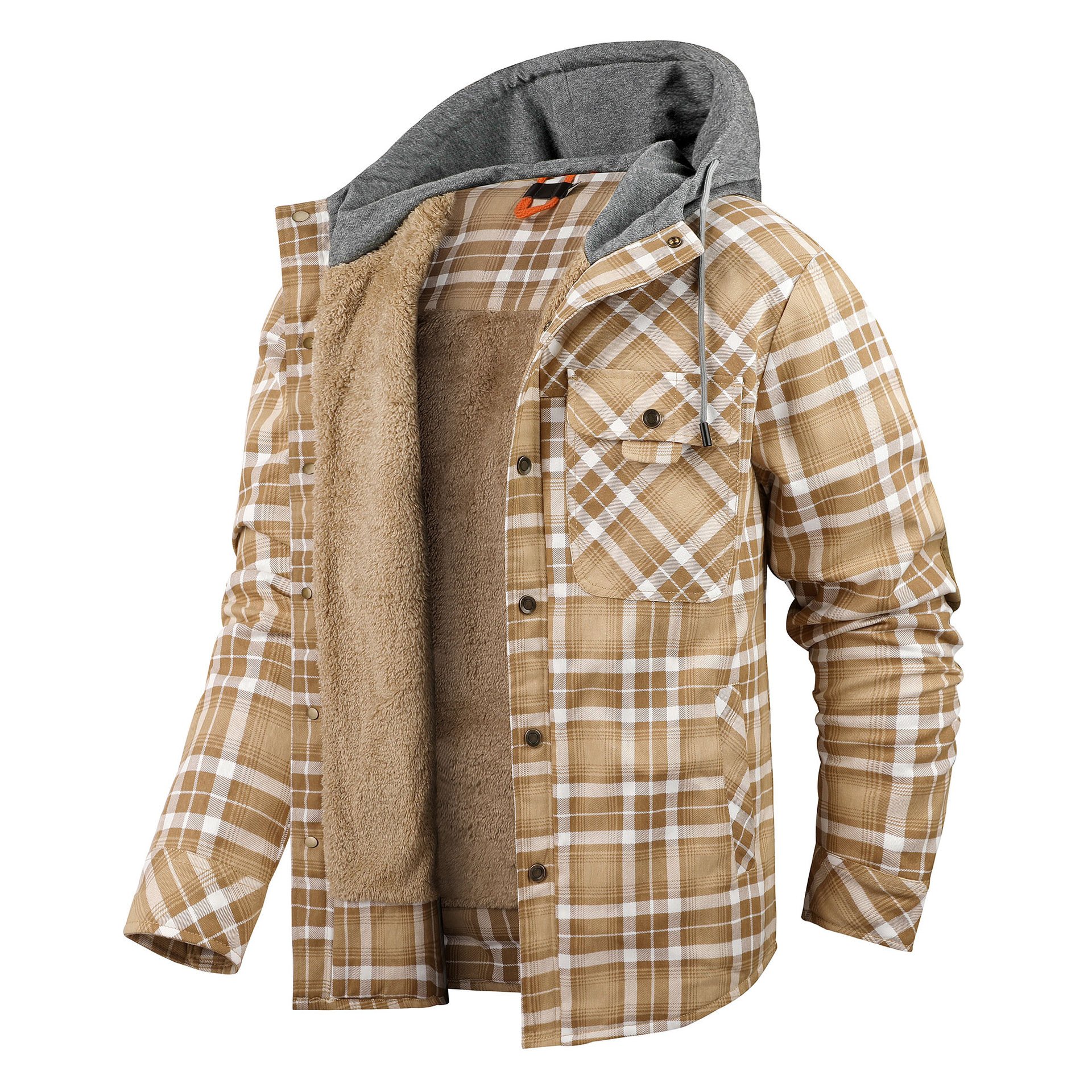 US Size Full Cotton Winter Men's Flannel Thick Shirt Jacket Patchwork Hooded Outdoor Tactical Jacket With Sherpa Lining