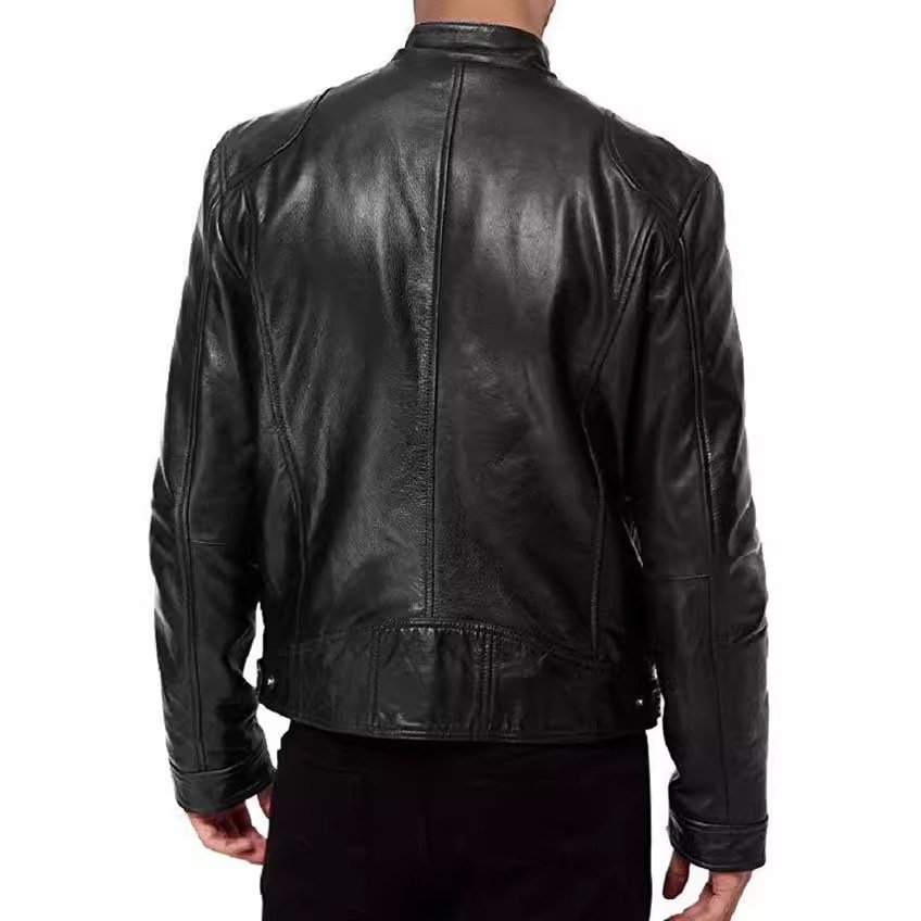 Hot season business gentleman warm zipper cardigan pocket decoration PU leather jacket standing collar leather jacket Large size