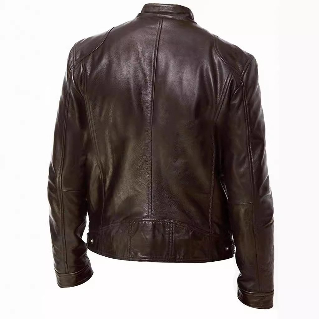 Hot season business gentleman warm zipper cardigan pocket decoration PU leather jacket standing collar leather jacket Large size