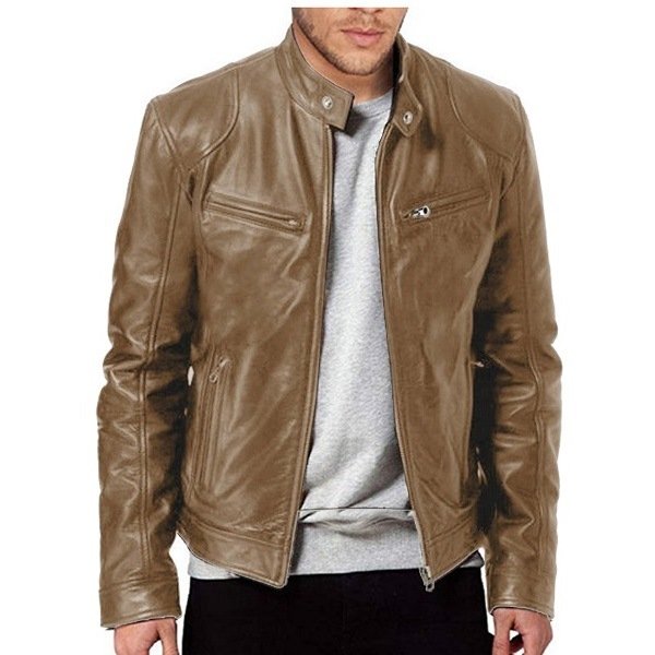 Hot season business gentleman warm zipper cardigan pocket decoration PU leather jacket standing collar leather jacket Large size