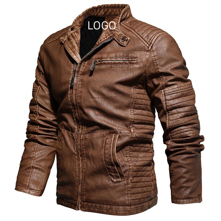 CARANFIER Men's PU Jacket Motorcycle Fashion Outwear Stand Collar Fleece Thick Male Clothing Autumn Winter FREE LOGO Customized