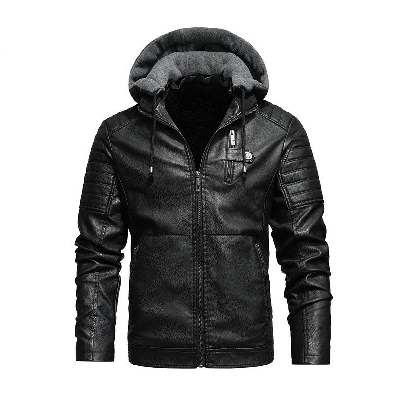 Autumn and Winter New Leather Leather Youth Plush Hooded Leather Coat for Men's jackets