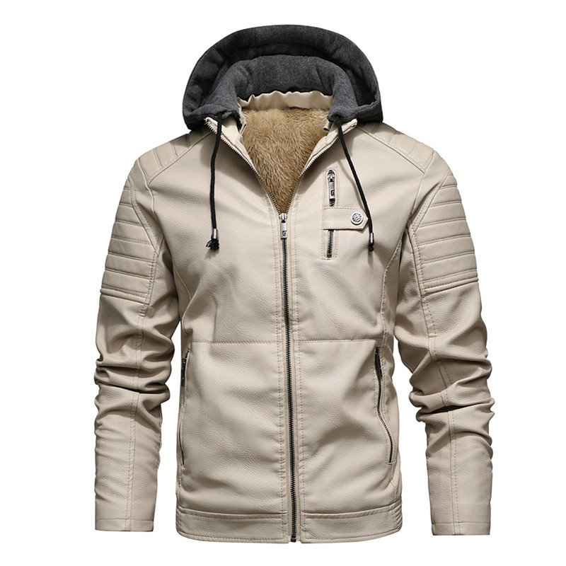 Autumn and Winter New Leather Leather Youth Plush Hooded Leather Coat for Men's jackets