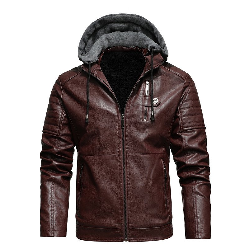 Autumn and Winter New Leather Leather Youth Plush Hooded Leather Coat for Men's jackets