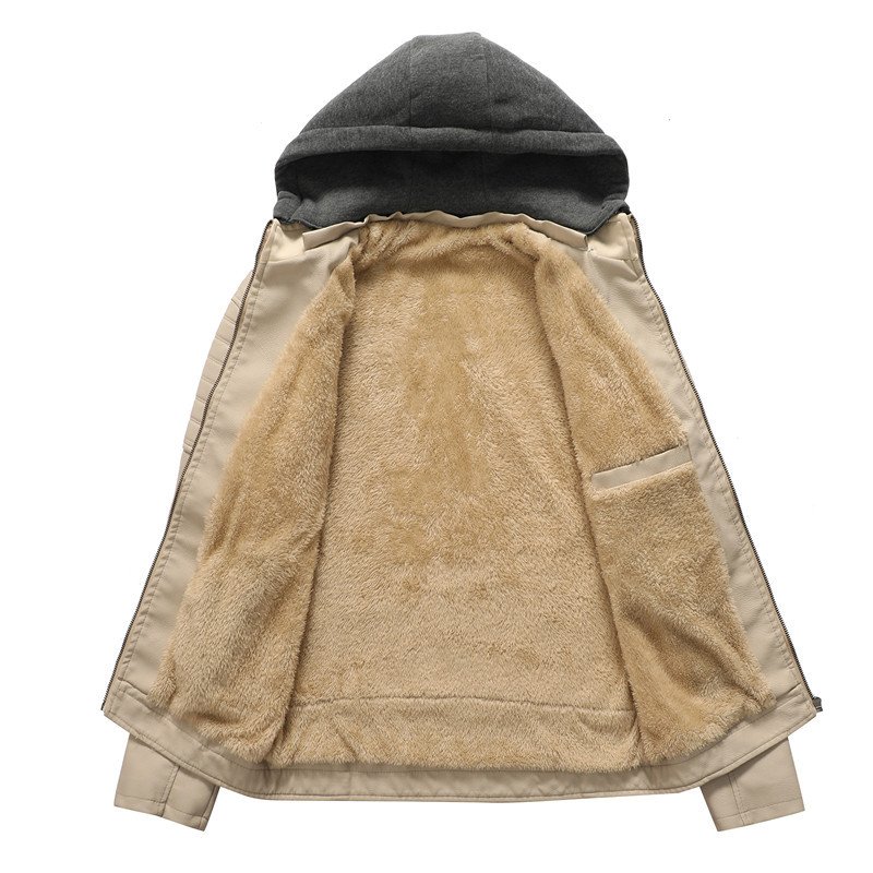 Autumn and Winter New Leather Leather Youth Plush Hooded Leather Coat for Men's jackets