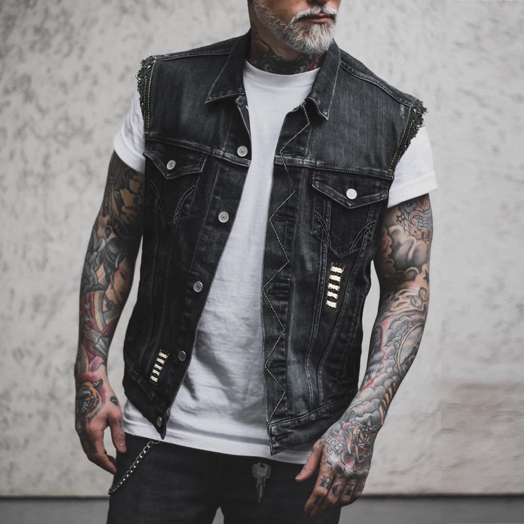 OEM ODM Men's Punk Casual Denim Vest Sleeveless Turn-down Collar Fashion Jacket with Print Urban Streetwear for Spring Summer