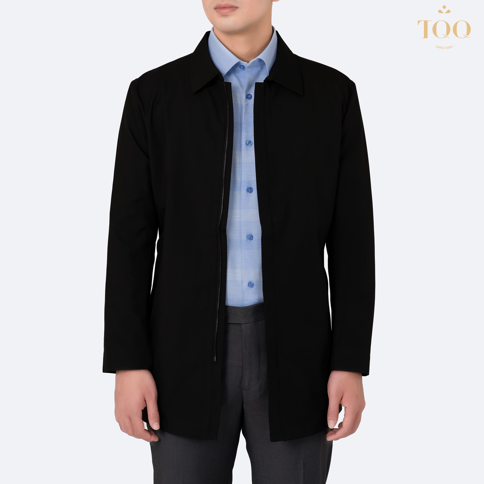 QUICK DRY Anti-wrinkle trench coat Spread Collar Light Weight Coat in Black Zipper Formal Water Resistant Polyester