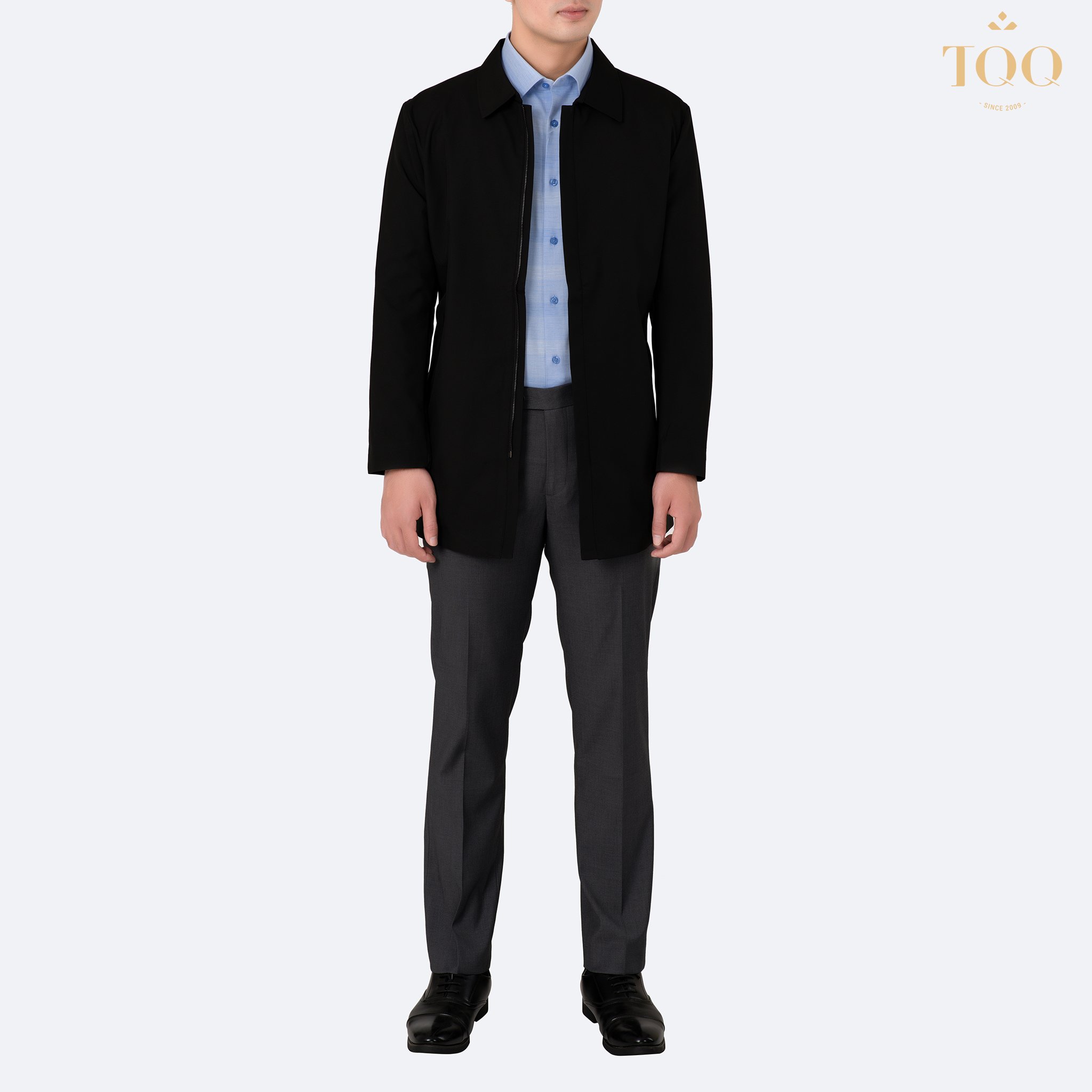 QUICK DRY Anti-wrinkle trench coat Spread Collar Light Weight Coat in Black Zipper Formal Water Resistant Polyester